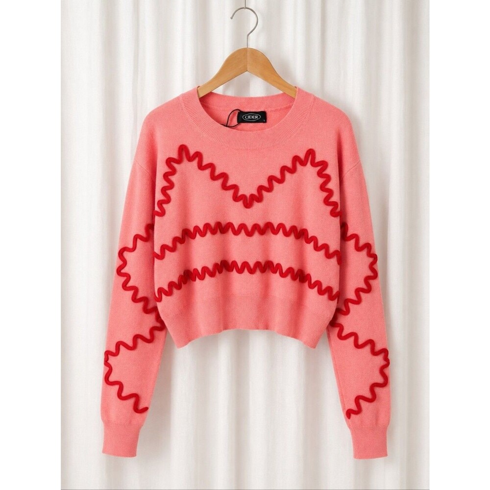 Cider Coral Pink Raised Red Squiggle Wave Cropped Trendy Pullover Knit Sweater